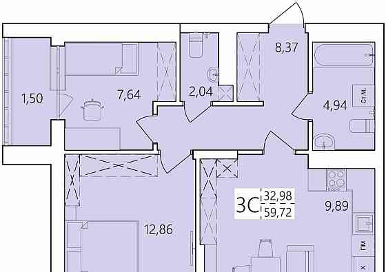 3-комн. квартира, 59.72 м2, 10/25 эт. Уфа