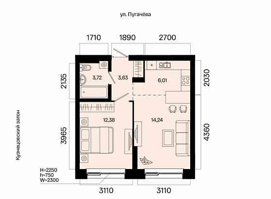 2-комн. квартира, 39.98 м2, 2/31 эт. Уфа