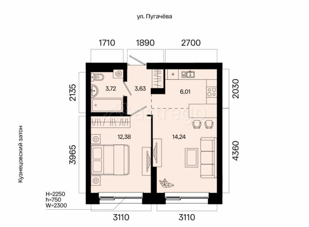 2-комн. квартира, 39.98 м2, 2/31 эт. Уфа - изображение 1