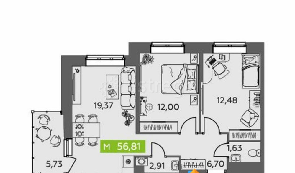 2-комн. квартира, 56.81 м2, 9/9 эт. Северодвинск - изображение 1