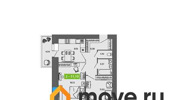 2-комн. квартира, 51.1 м2, 7/9 эт. Северодвинск