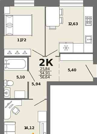 2-комн. квартира, 56.64 м2, 5/8 эт. Майма
