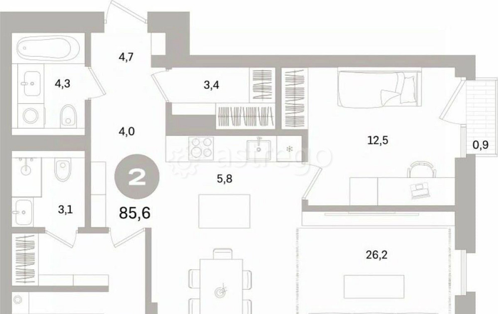 2-комн. квартира, 85.59 м2, 12/15 эт. Санкт-Петербург - изображение 3
