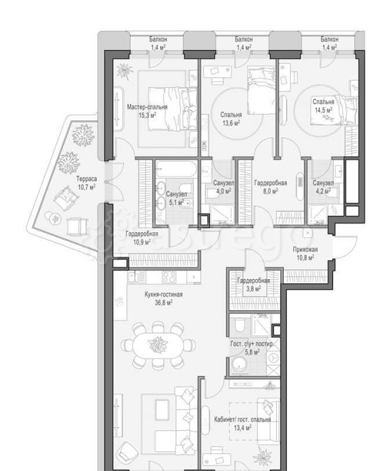 4-комн. квартира, 151.7 м2, 3/7 эт. Москва - изображение 7