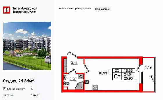 Студия, 24.64 м2, 1/5 эт. Санкт-Петербург