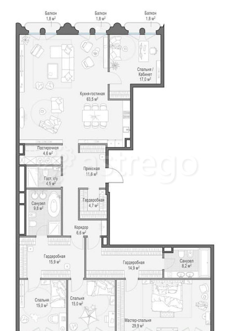 4-комн. квартира, 229.18 м2, 10/12 эт. Москва - изображение 7