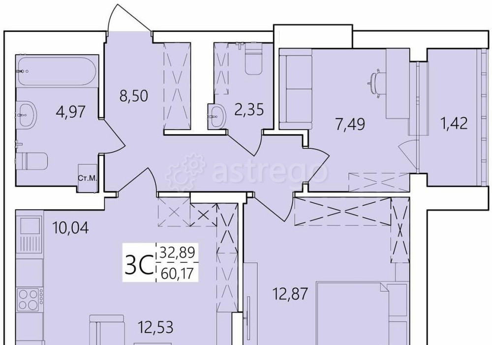 3-комн. квартира, 60.17 м2, 9/25 эт. Уфа - изображение 1