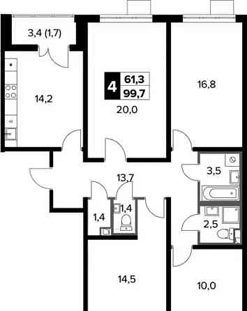 4-комн. квартира, 99.7 м2, 2/20 эт. Москва