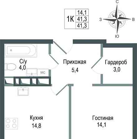 1-комн. квартира, 41.3 м2, 2/8 эт. Королев