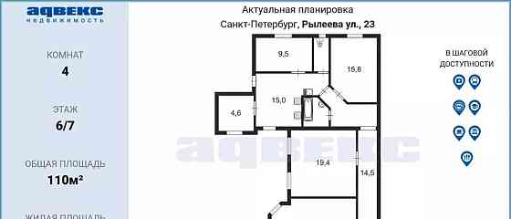 4-комн. квартира, 110 м2, 6/7 эт. Санкт-Петербург
