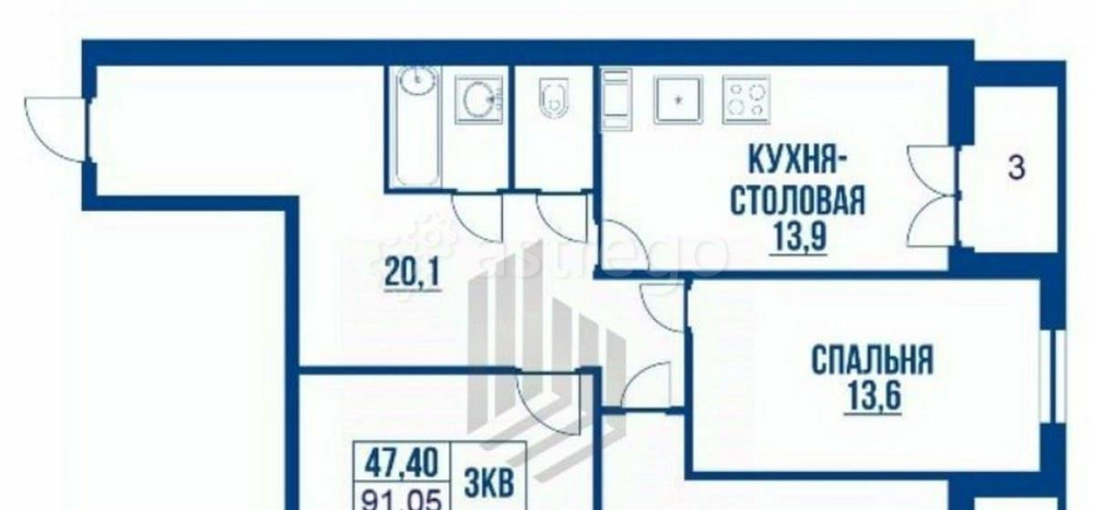 3-комн. квартира, 91.05 м2, 8/11 эт. Санкт-Петербург - изображение 1