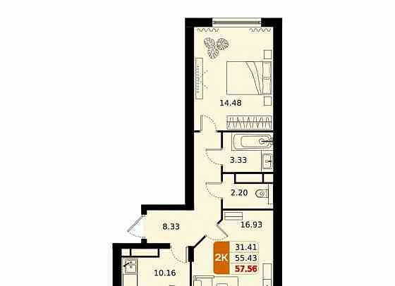 2-комн. квартира, 57.56 м2, 12/17 эт. Домодедово