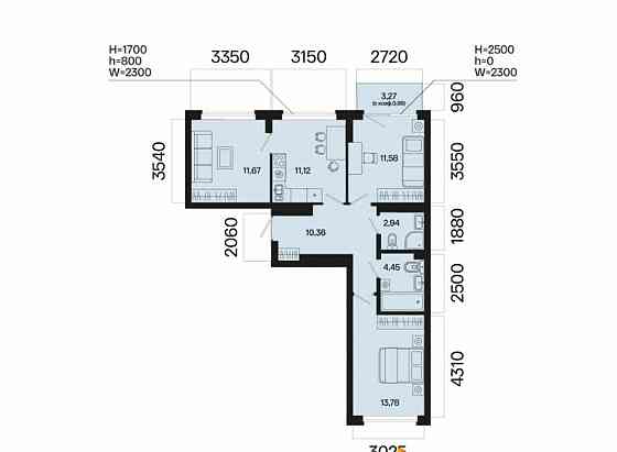 3-комн. квартира, 66.88 м2, 7/7 эт. Уфа