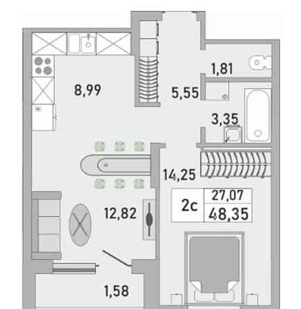 2-комн. квартира, 48.35 м2, 12/25 эт. Уфа