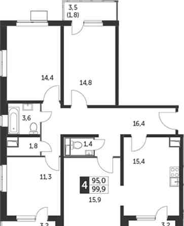 4-комн. квартира, 99.9 м2, 11/25 эт. Москва