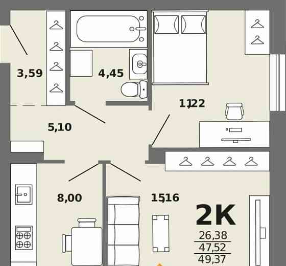 2-комн. квартира, 49.37 м2, 8/8 эт. Майма