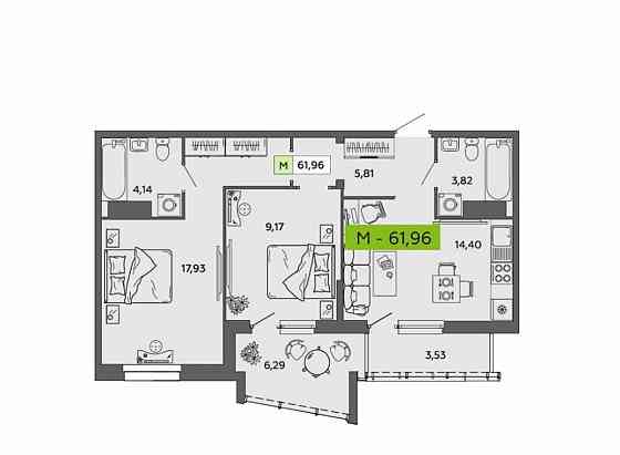 2-комн. квартира, 61.96 м2, 14/16 эт. Архангельск