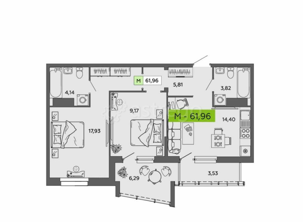 2-комн. квартира, 61.96 м2, 14/16 эт. Архангельск - изображение 2