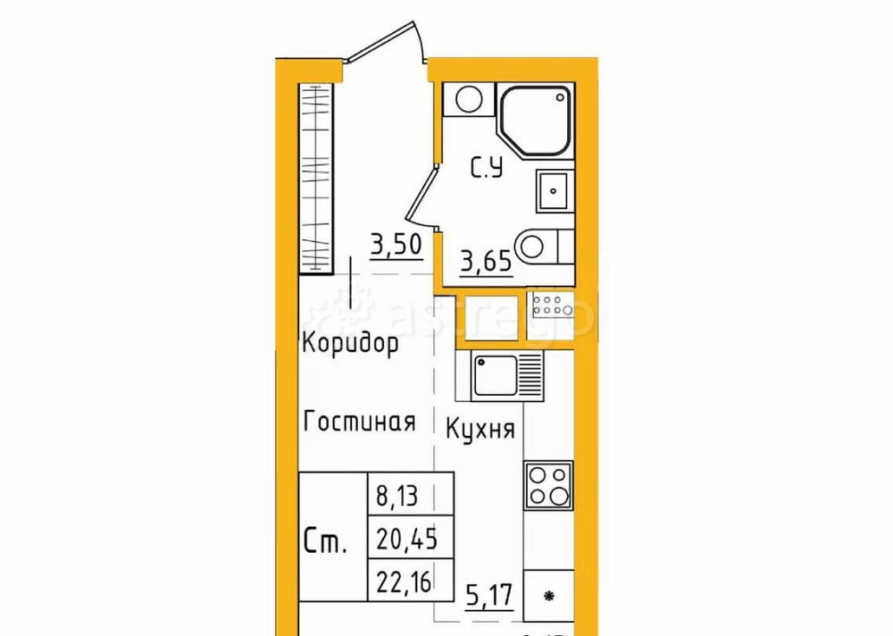 Студия, 22.15 м2, 21/27 эт. Уфа - изображение 1