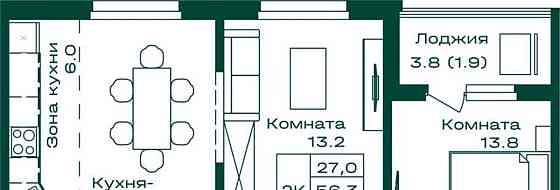 2-комн. квартира, 58.2 м2, 6/8 эт. Майма