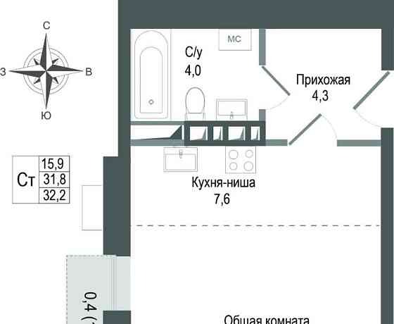 Студия, 31.8 м2, 4/8 эт. Королев