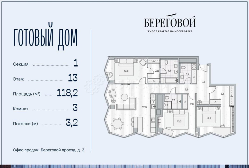 3-комн. квартира, 118.2 м2, 13/26 эт. Москва - изображение 1