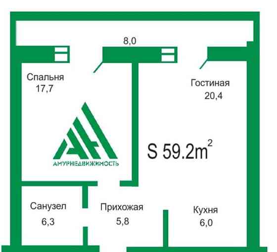 2-комн. квартира, 59.7 м2, 14/14 эт. Благовещенск