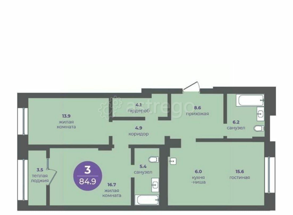 3-комн. квартира, 84.9 м2, 8/16 эт. Красноярск - изображение 1