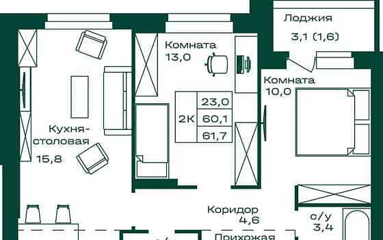 2-комн. квартира, 61.7 м2, 3/8 эт. Майма