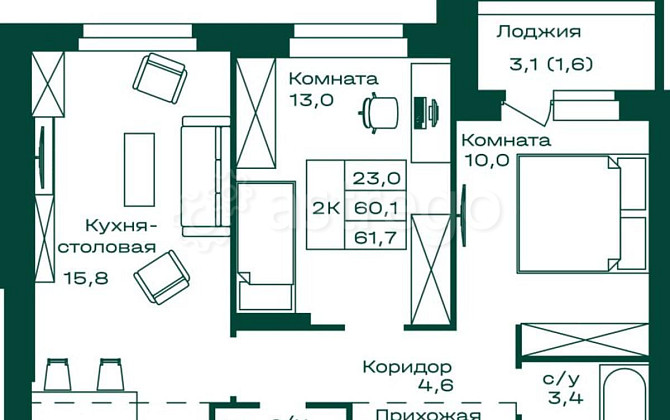 2-комн. квартира, 61.7 м2, 3/8 эт. Майма - изображение 1