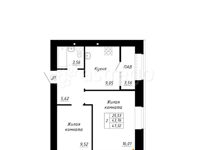 2-комн. квартира, 47.32 м2, 9/14 эт. Стерлитамак - изображение 1