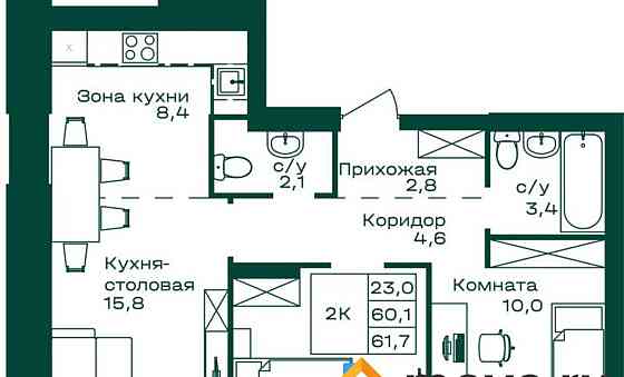 2-комн. квартира, 61.7 м2, 3/8 эт. Майма