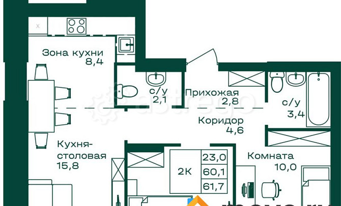 2-комн. квартира, 61.7 м2, 3/8 эт. Майма - изображение 1