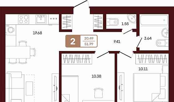 2-комн. квартира, 51.79 м2, 2/3 эт. Иглино
