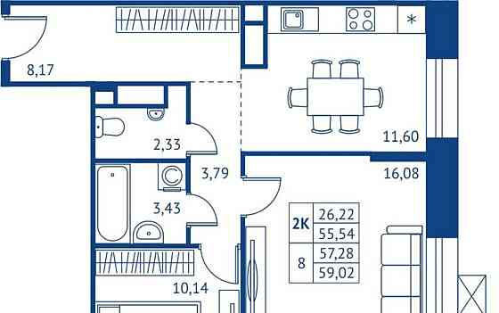2-комн. квартира, 55.54 м2, 15/22 эт. Королев