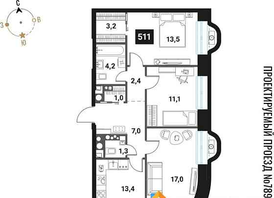 3-комн. квартира, 74.1 м2, 28/28 эт. Москва