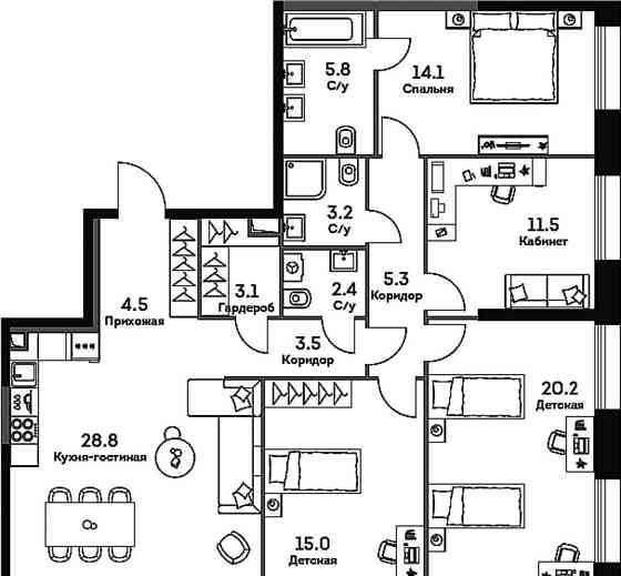 4-комн. квартира, 117.4 м2, 25/33 эт. Москва