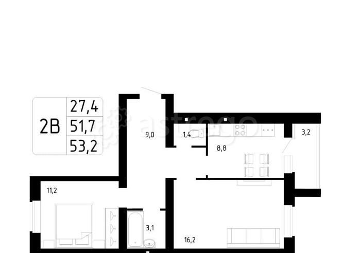 2-комн. квартира, 53.3 м2, 8/9 эт. Стерлитамак - изображение 1