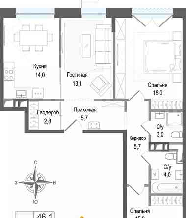 3-комн. квартира, 81.3 м2, 2/8 эт. Королев