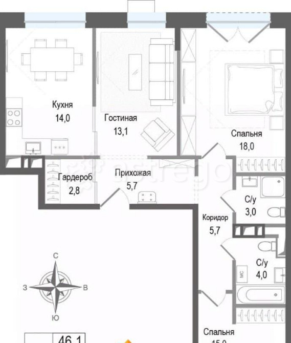 3-комн. квартира, 81.3 м2, 2/8 эт. Королев - изображение 1