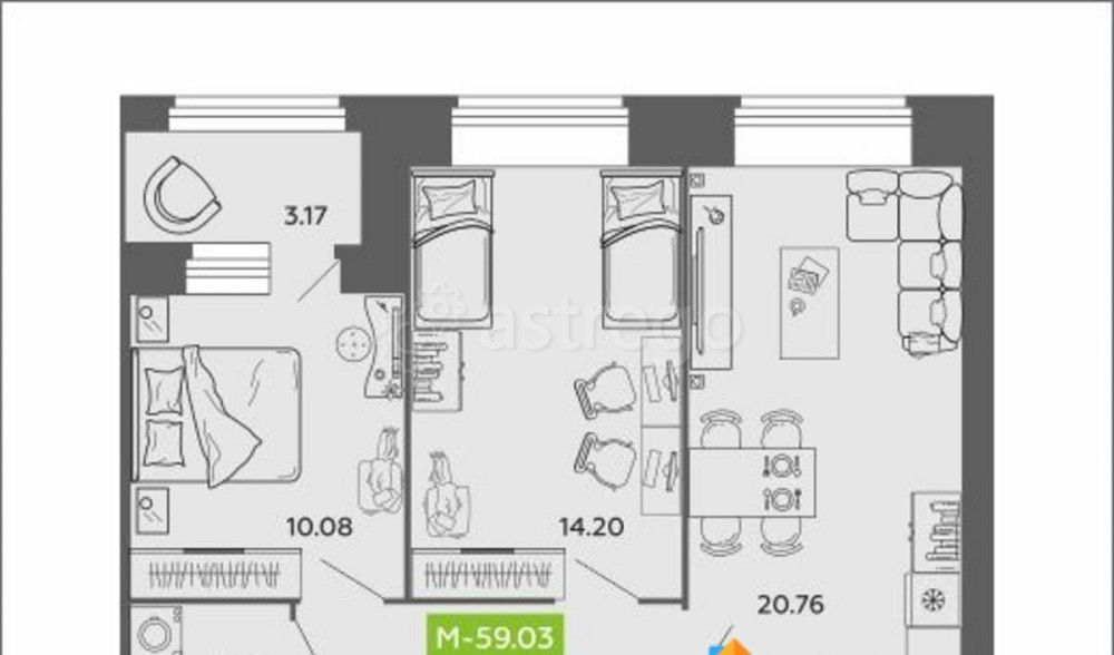 2-комн. квартира, 59.03 м2, 7/11 эт. Архангельск - изображение 1
