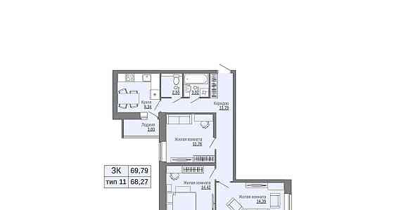 3-комн. квартира, 69.79 м2, 2/16 эт. Архангельск