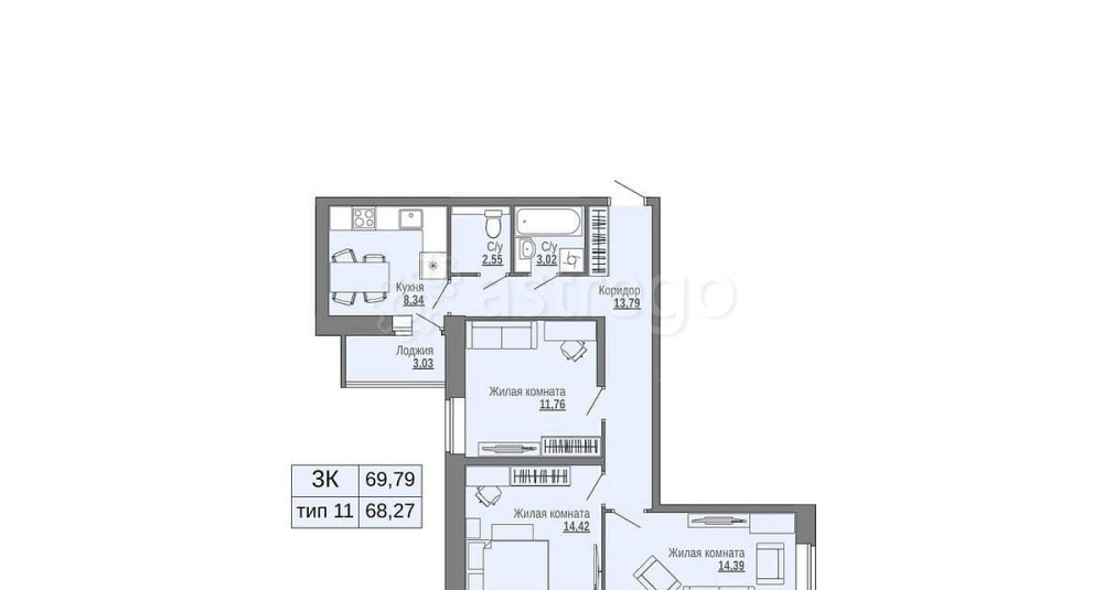3-комн. квартира, 69.79 м2, 2/16 эт. Архангельск - изображение 1