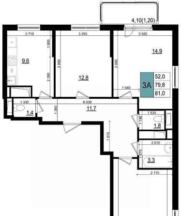 3-комн. квартира, 81 м2, 15/25 эт. Одинцово