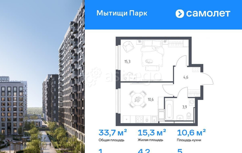 1-комн. квартира, 33.7 м2, 5/17 эт. Мытищи - изображение 1