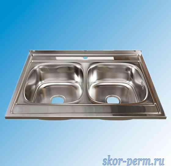 Мойка из нержавейки накладная 2-х чашевая 600х800х180 (0,6) выпуск 3 1/2", с сифоном Пермь