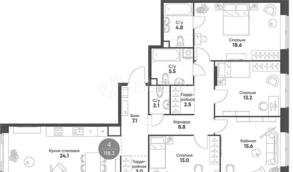 4-комн. квартира, 118.3 м2, 2/5 эт. Москва - изображение 7
