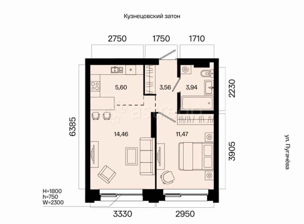 2-комн. квартира, 39.03 м2, 3/31 эт. Уфа - изображение 1