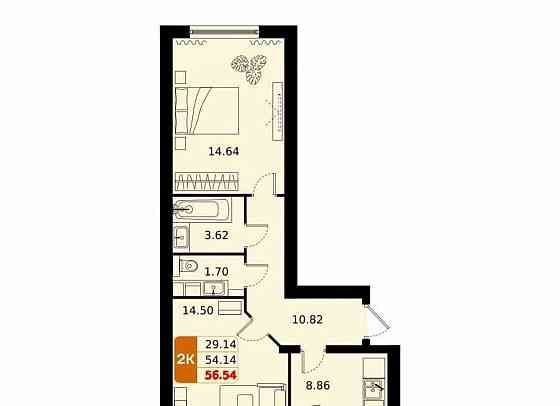 2-комн. квартира, 56.54 м2, 2/17 эт. Домодедово