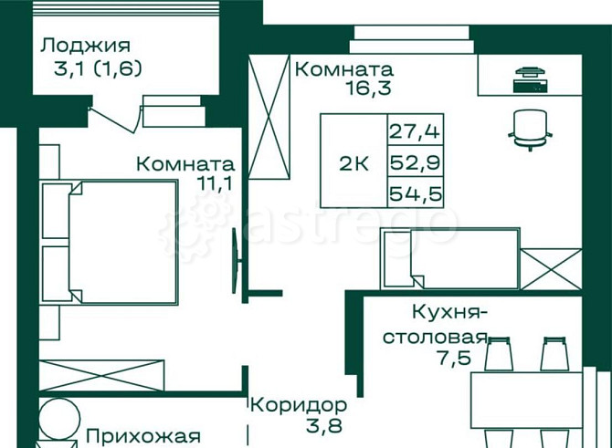 2-комн. квартира, 54.5 м2, 5/8 эт. Майма - изображение 1
